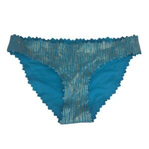 Teal Blue Gold Patterned Bikini Bottoms Zigzag Trim PilyQ Womens S NEW